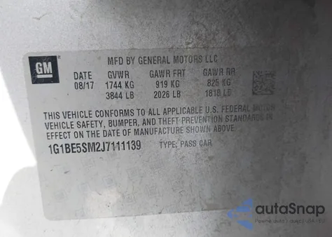 2018 Chevrolet Cruze Lt Auto из США, поврежденный, VIN 1G1BE5SM2J7111139